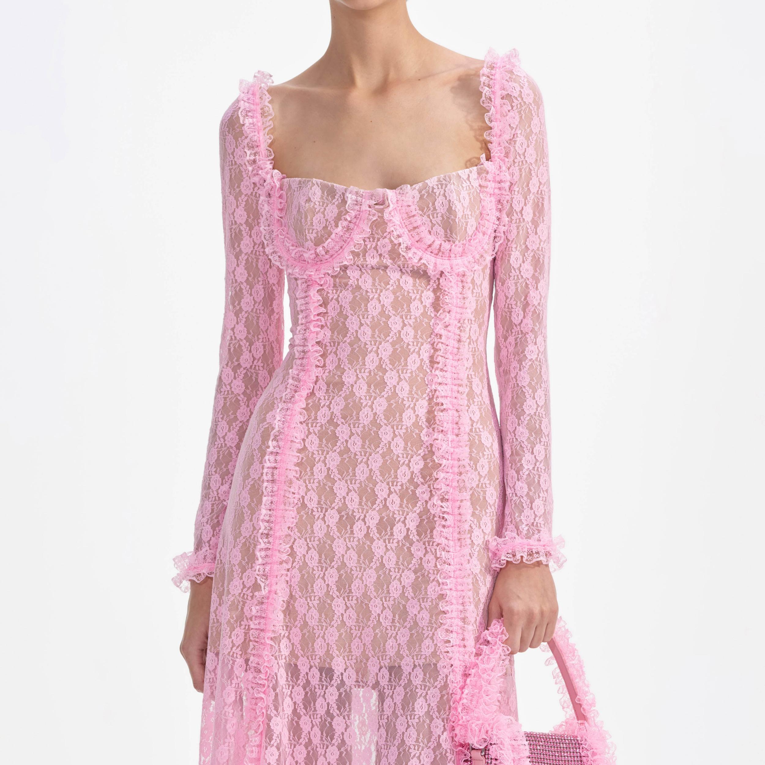 Pink Lace Ruffle Midi Dress Product Image