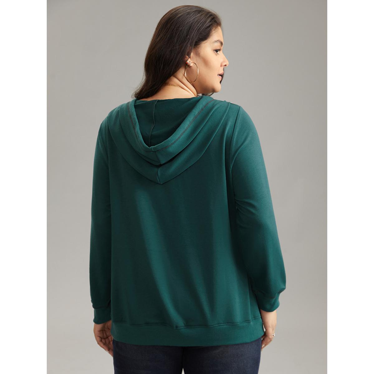 Plus Size Ditsy Floral Ties Hooded Kangaroo Pocket Sweatshirt Women Cyan Casual Contrast Hooded Dailywear Sweatshirts BloomChic 12/L Product Image