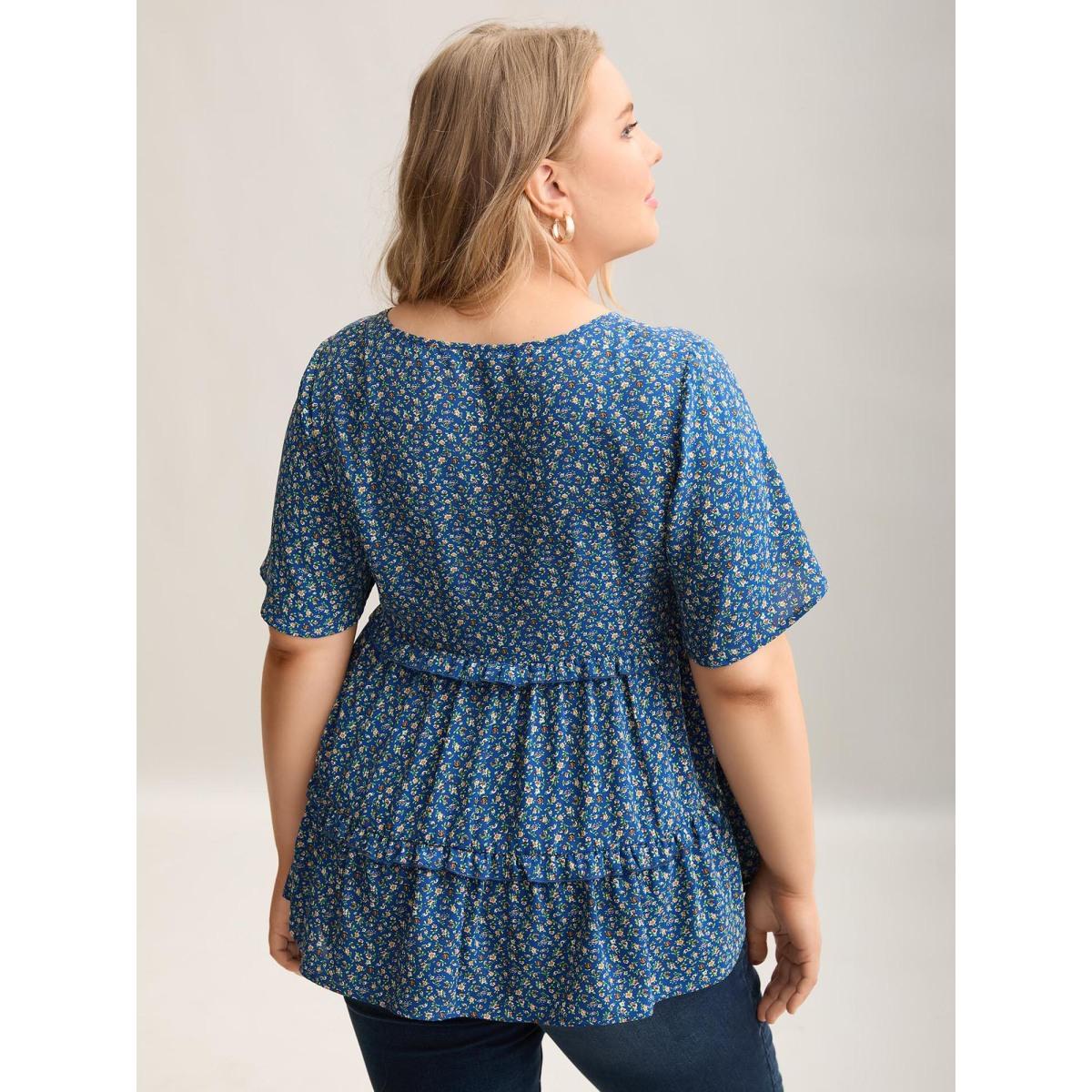 Plus Size Mediumblue Ditsy Floral Print Ruffled Tiered Blouse Women Timeless Short sleeve Round Neck Elegant Blouses BloomChic 14-16/1X Product Image