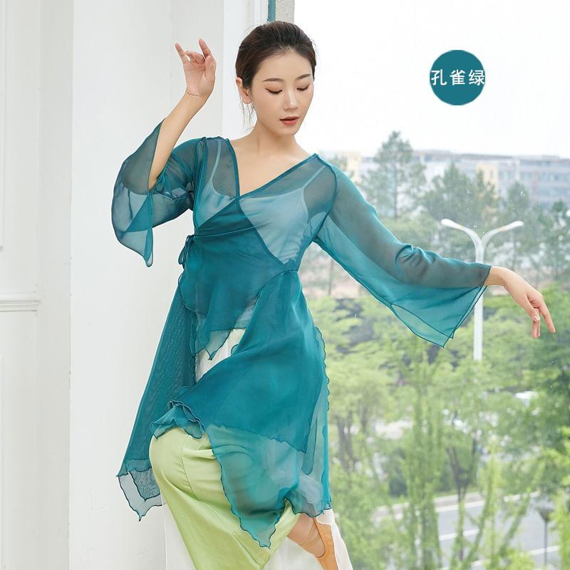 Flared-Sleeve V-Neck Plain Asymmetrical Dance Top Product Image