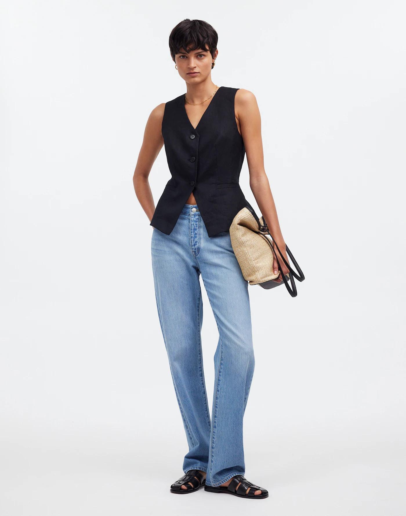 Cutaway Long Vest in 100% Linen Product Image