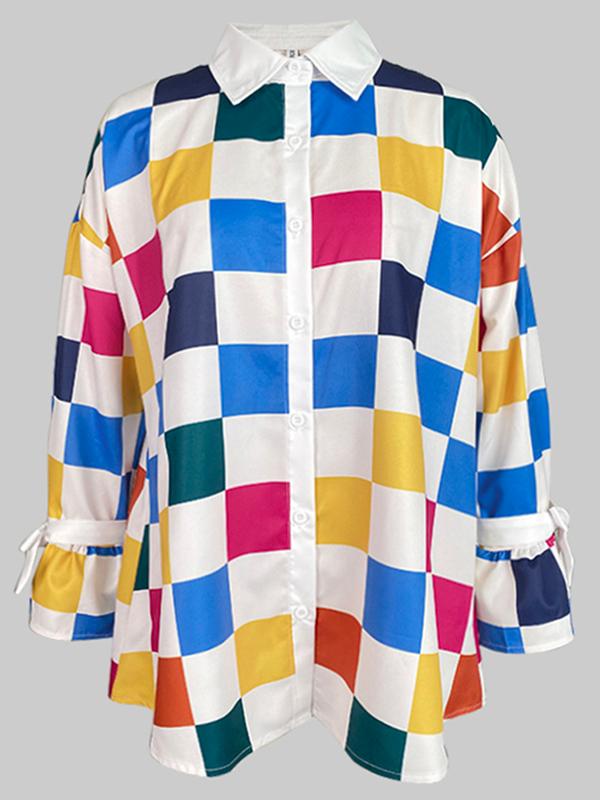 Long Sleeves Loose Buttoned Contrast Color Plaid Tied Stand Collar Blouses&Shirts Tops Product Image