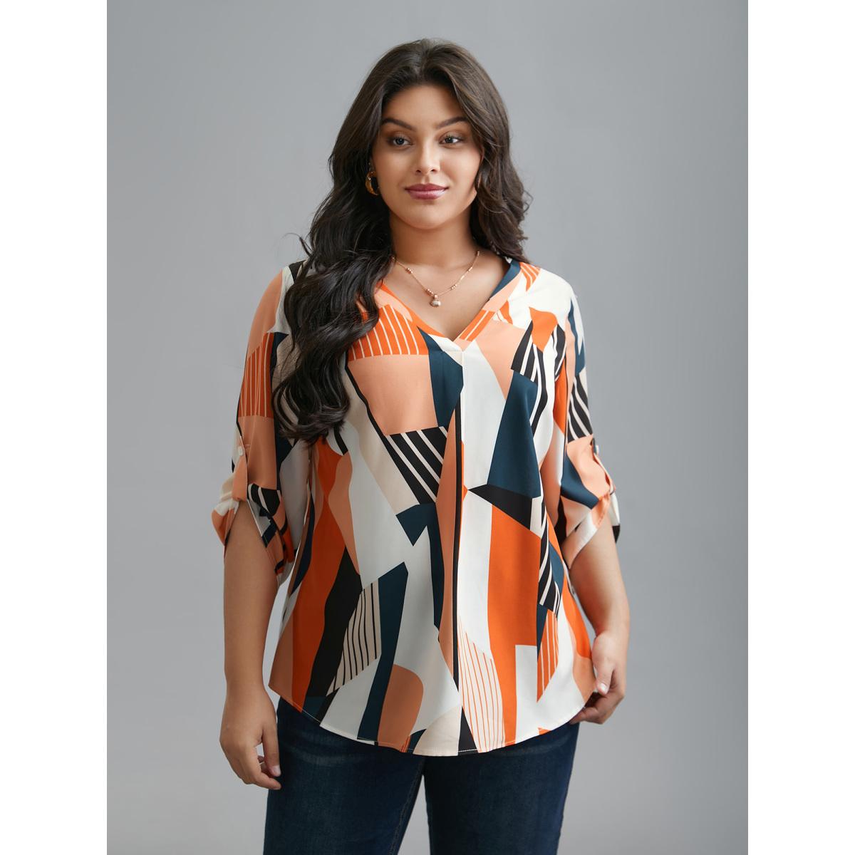 Plus Size Multicolor Abstract Print Tab Sleeve Blouse Women Office Elbow-length sleeve V-neck Office Blouses BloomChic 10/M Product Image