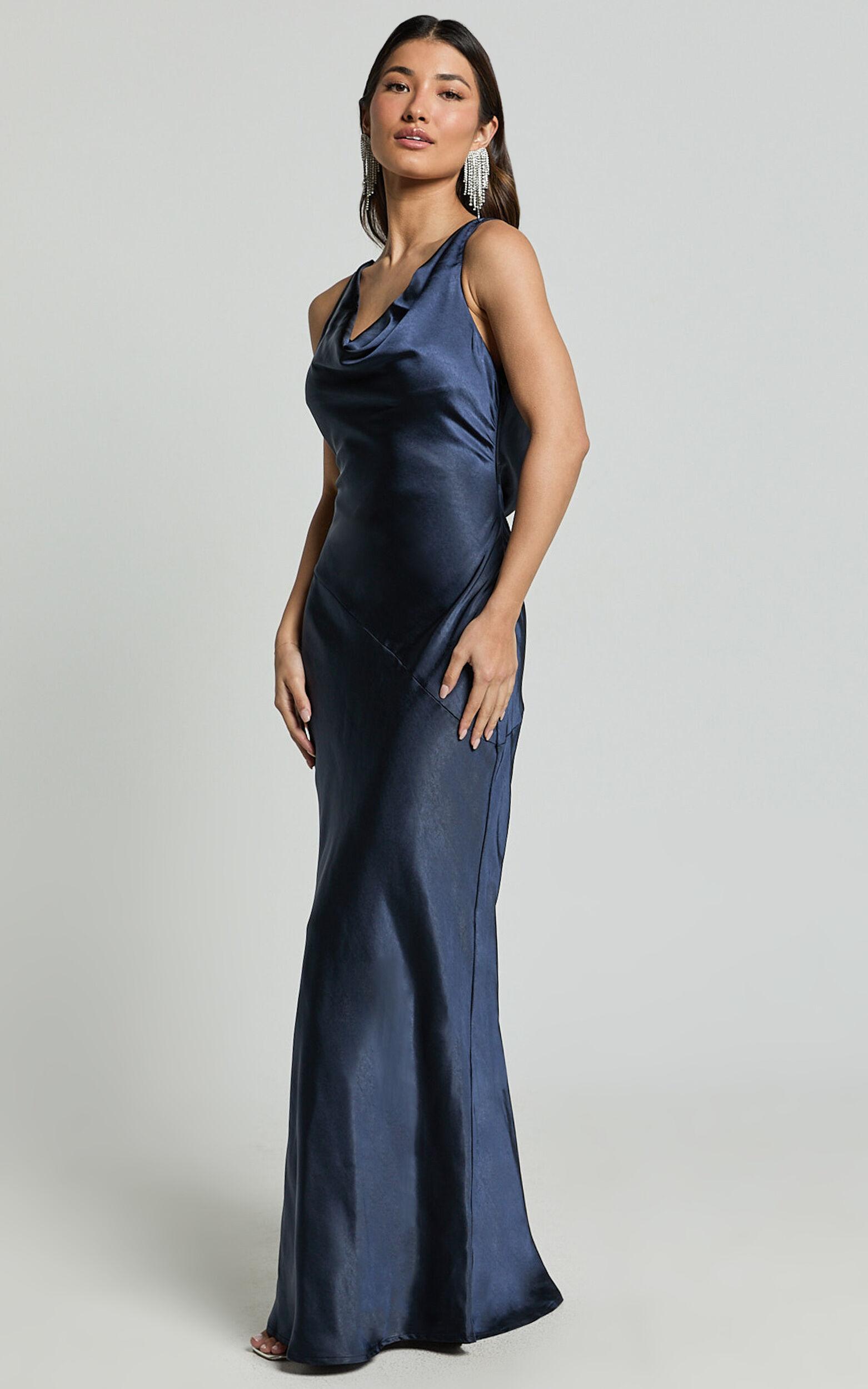 Adilah Maxi Dress - Cowl Neck Satin Dress in Navy Product Image