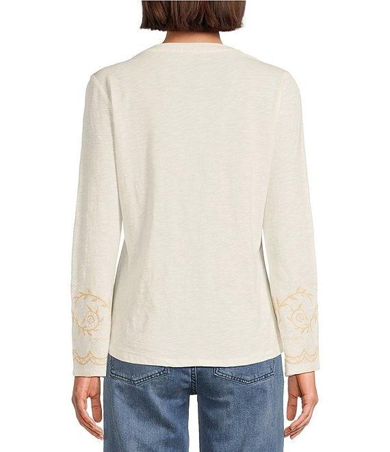 Reba Jersey Knit Floral Embroidery Crew Neck Long Bell Opening Sleeve T-Shirt Product Image