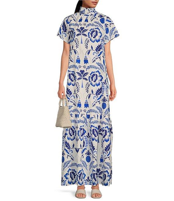 Sugarlips Floral Print Mock Neck Short Sleeve Maxi Dress Product Image