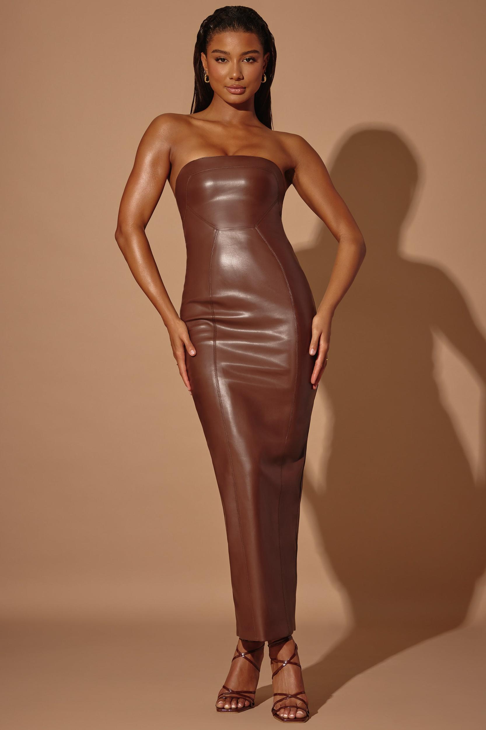 Strapless Vegan Leather Maxi Dress in Brown Product Image