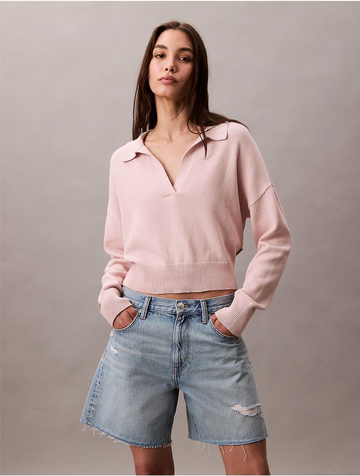 Calvin Klein Womens Smooth Cotton Cropped Polo Sweater - Grey Product Image