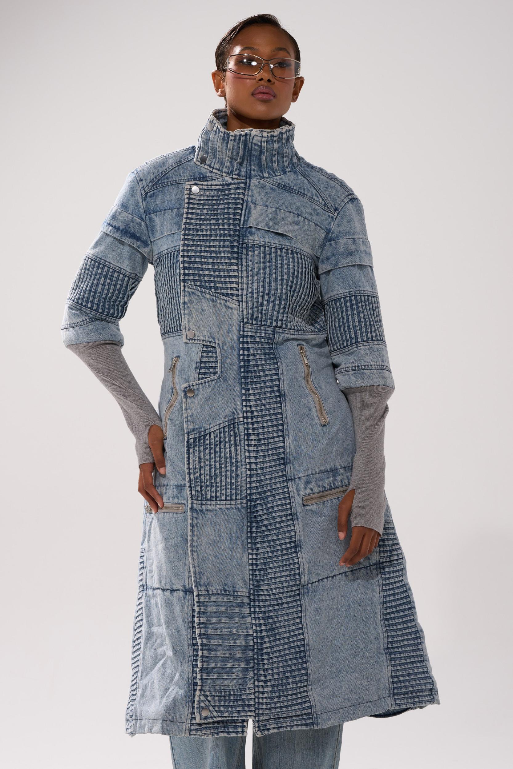 VORTEX DENIM TRENCH COAT IN BLUE Product Image