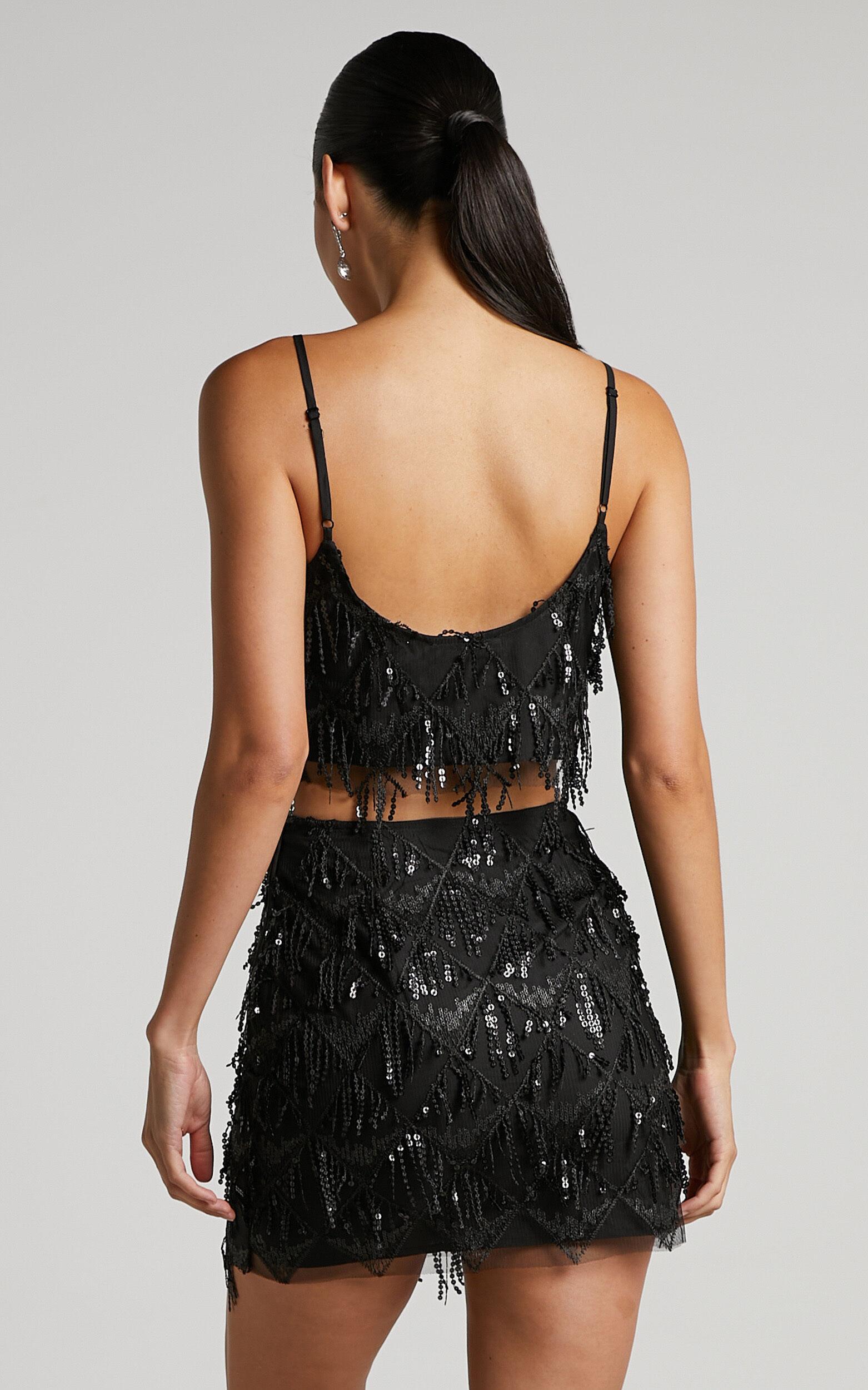 Khrizza Top - Sequin Diamond Mesh Cropped Cami Top in Black Product Image