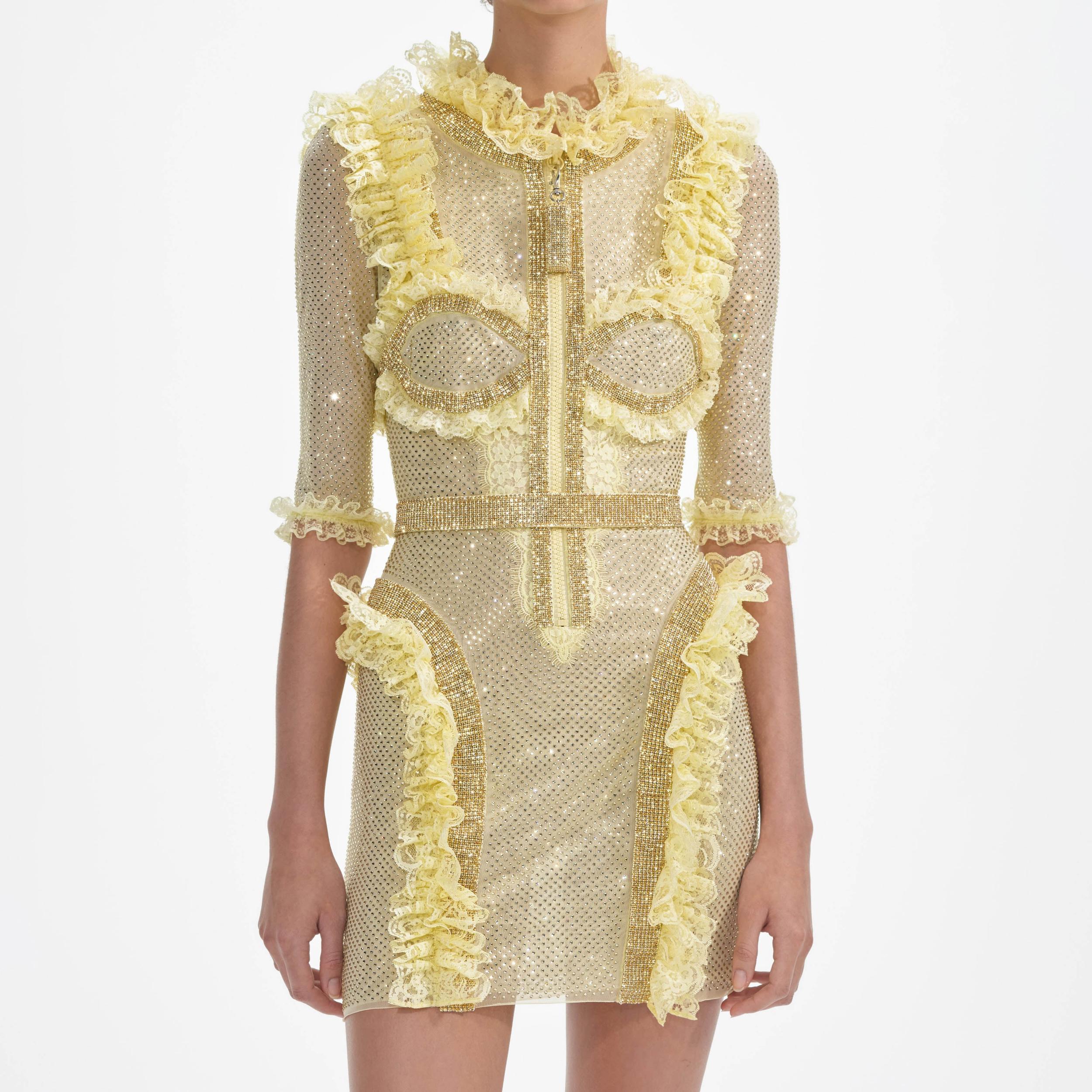 Yellow Rhinestone Mesh Ruffle Mini Dress Product Image