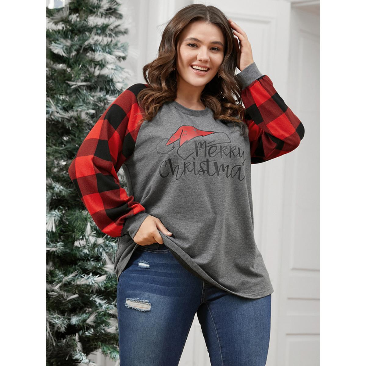 Plus Size Letter Print Round Neck Plaid Long Tee Gray Women Elegant Printed Graphic-Christmas Dailywear T-shirts BloomChic 22-24/3X Product Image