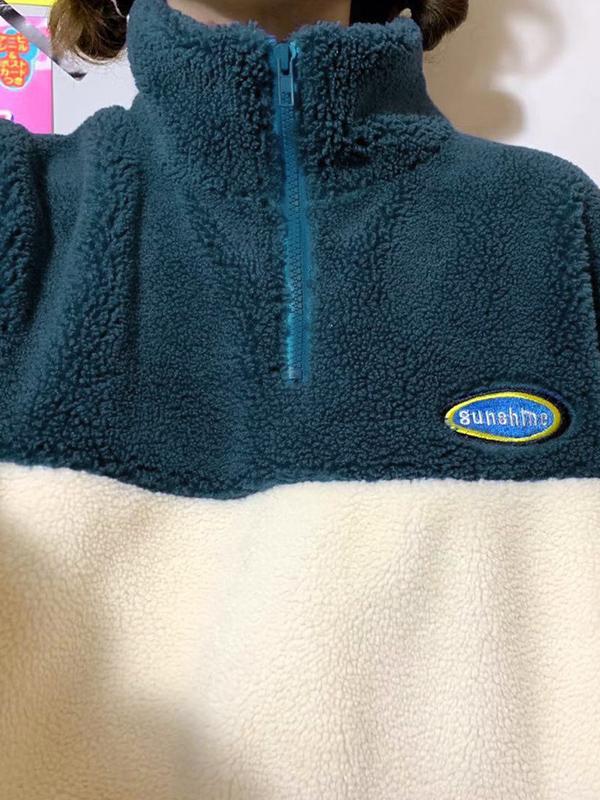 Lambswool Color Block Splice Zip Up mock Neck Sweatshirt Product Image