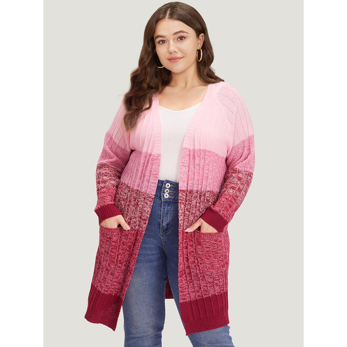 Plus Size Ombre Colorblock Patched Pocket Tunic Cardigan Watermelon Women Casual Loose Long Sleeve Dailywear Cardigans BloomChic 18-20/2X Product Image