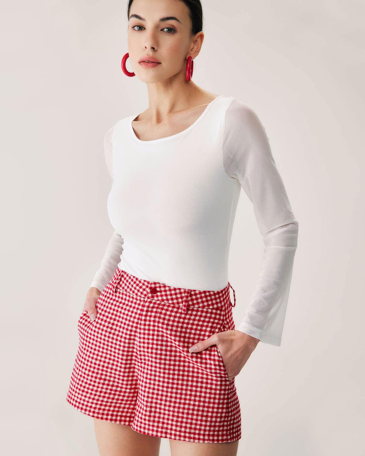 Red Plaid High-waisted Pocket Shorts Product Image