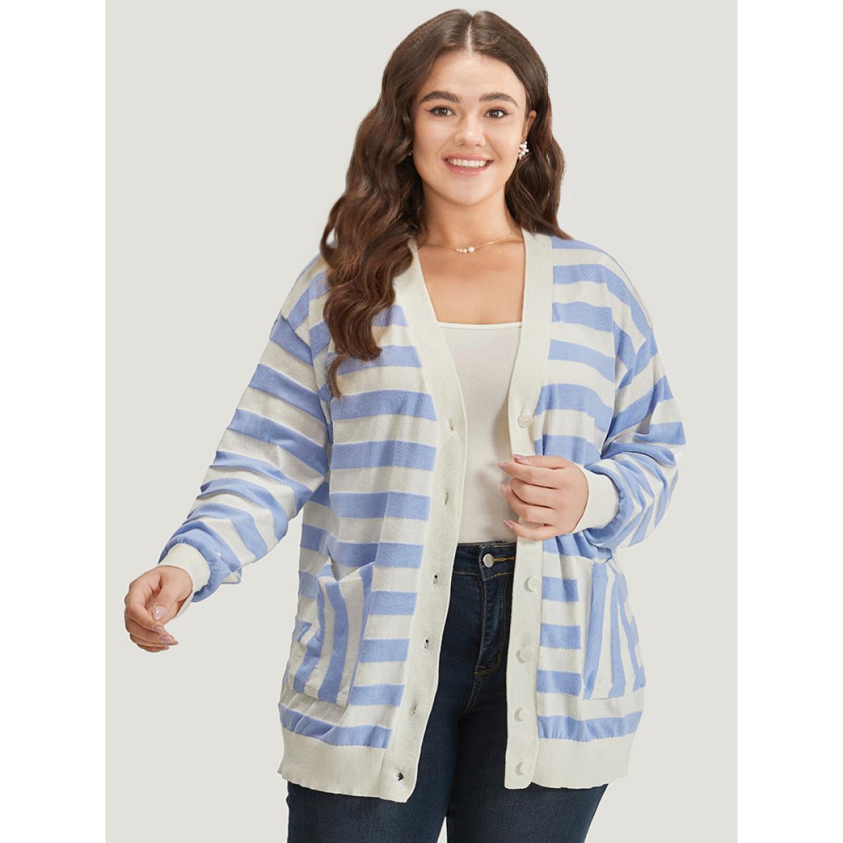 Plus Size Striped Button Down Patched Pocket Cardigan LightBlue Women Casual Loose Long Sleeve Everyday Cardigans BloomChic 30/6X Product Image