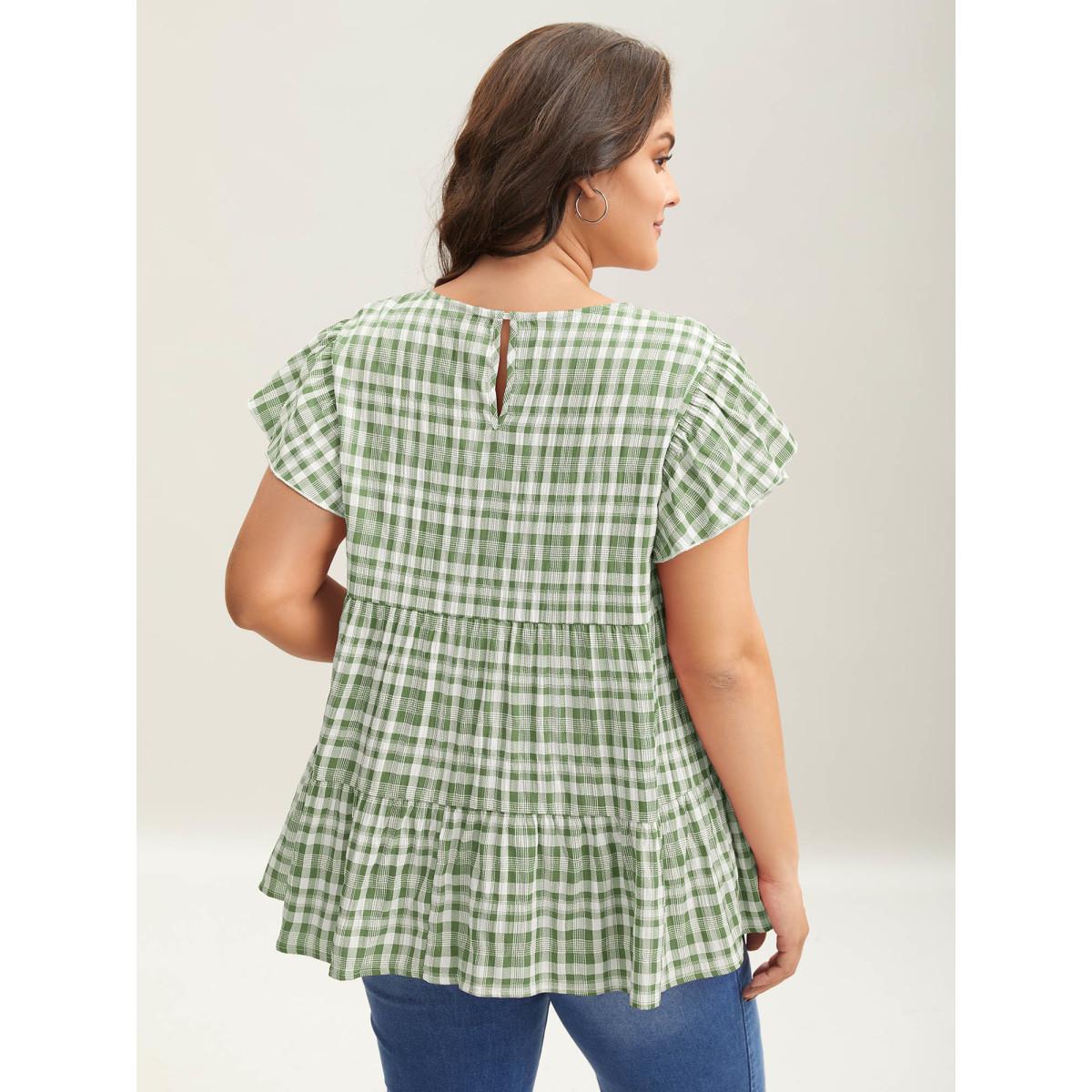 Plus Size Greenbean Plaid Print Textured Lotus Leaf Sleeve Shirt Women Leisure Cap Sleeve Round Neck Casual Blouses BloomChic 26/4X Product Image