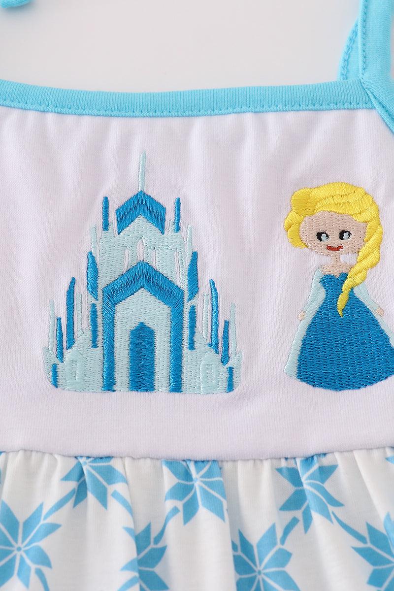 Blue character embroidery ruffle tiered dress Product Image