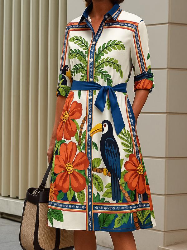 A-Line Long Sleeves Buttoned Contrast Color Flower Print Pockets Tied Waist Lapel Midi Dresses Product Image