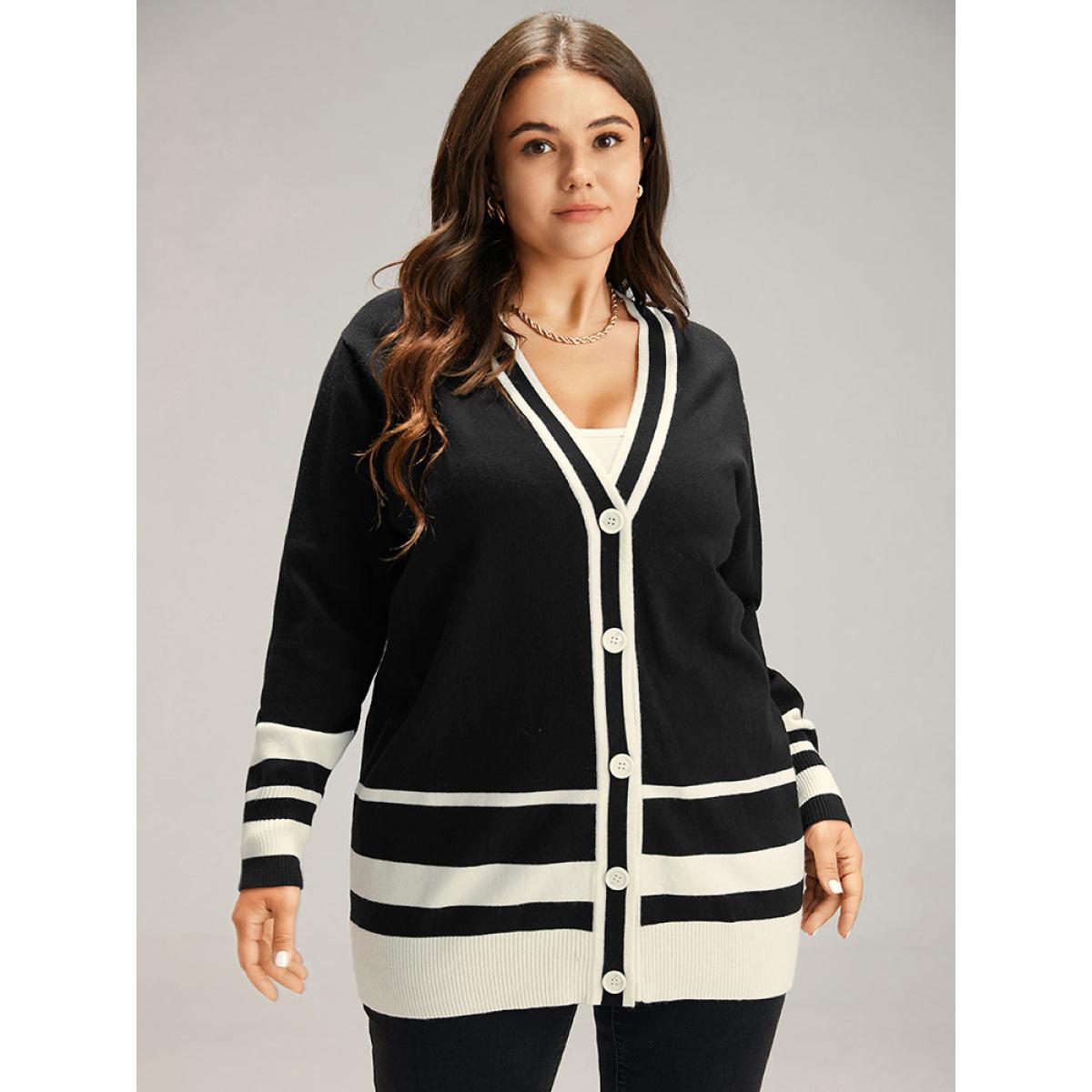 Plus Size Supersoft Essentials Anti-Pilling Contrast Button Up Cardigan Black Women Casual Loose Long Sleeve Dailywear Cardigans BloomChic 10/M Product Image