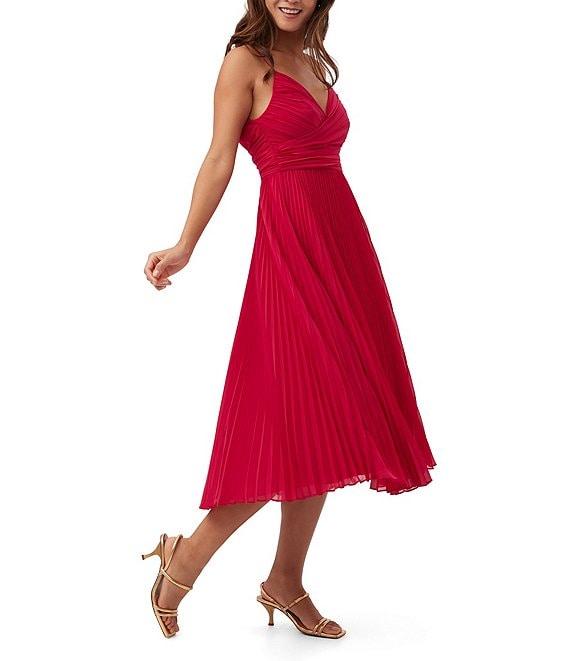 Trina Turk Natalie Georgette Pleated V-Neck Sleeveless A-Line Dress Product Image