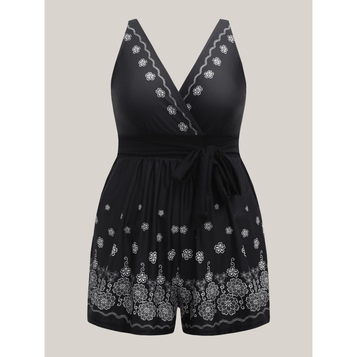 Plus Size Boho Print Pockets Belted One-Piece Swimsuit Women's Swimwear Black Resort Tie knot Curve Bathing Suits High stretch One Pieces BloomChic 30/6X Product Image