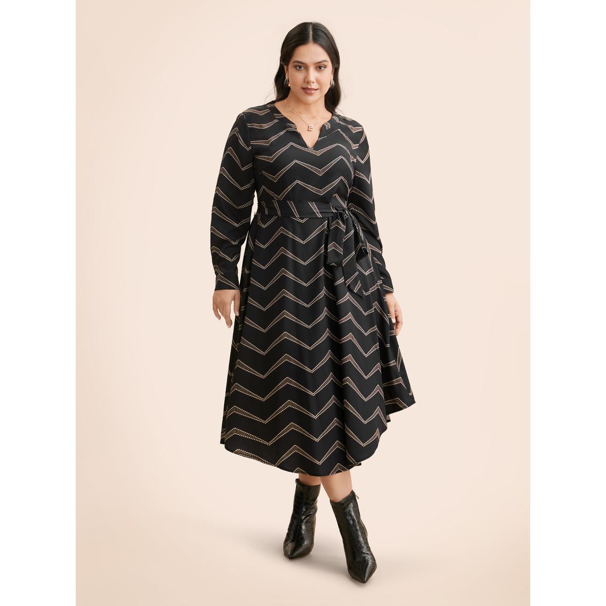 Plus Size Geometric Notched Belted Midi Dress Black Women At the Office Belted Flat collar with V-notch Long Sleeve Curvy BloomChic 28/5X Product Image