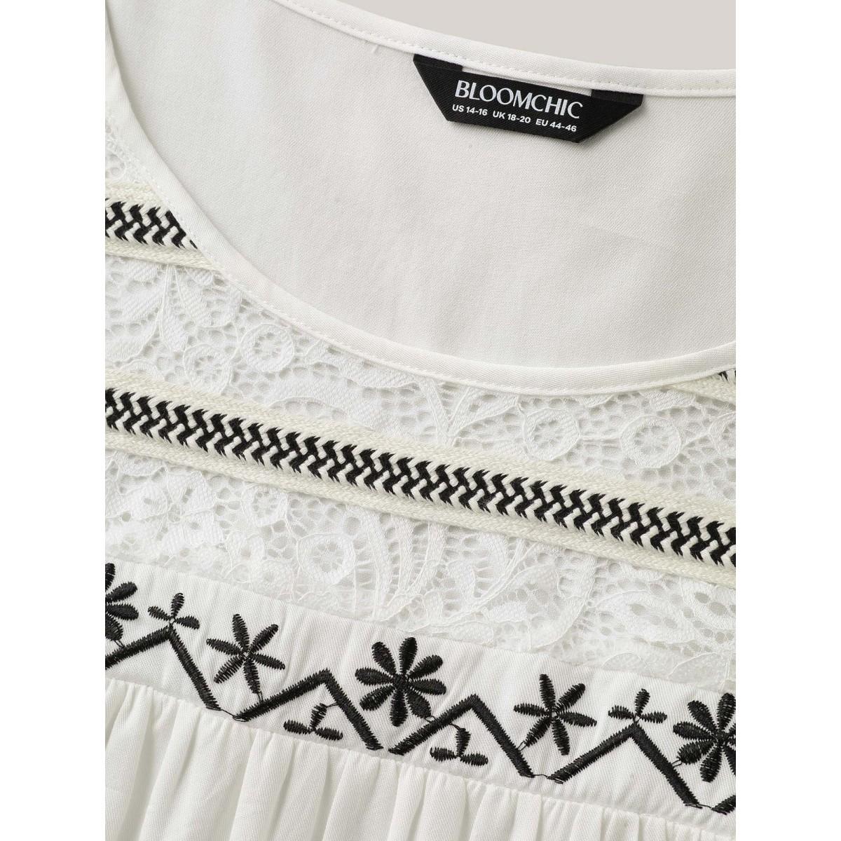 Plus Size WhiteSmoke Stretchy Boho Neck Cut-Out Blouse Women Boho Short sleeve Round Neck Vacation Blouses BloomChic 22-24/3X Product Image