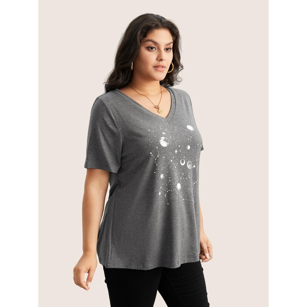 Plus Size Moon and Star Print V Neck T-shirt DimGray Women Casual Non Star and moon V-neck Everyday T-shirts BloomChic 28/5X Product Image