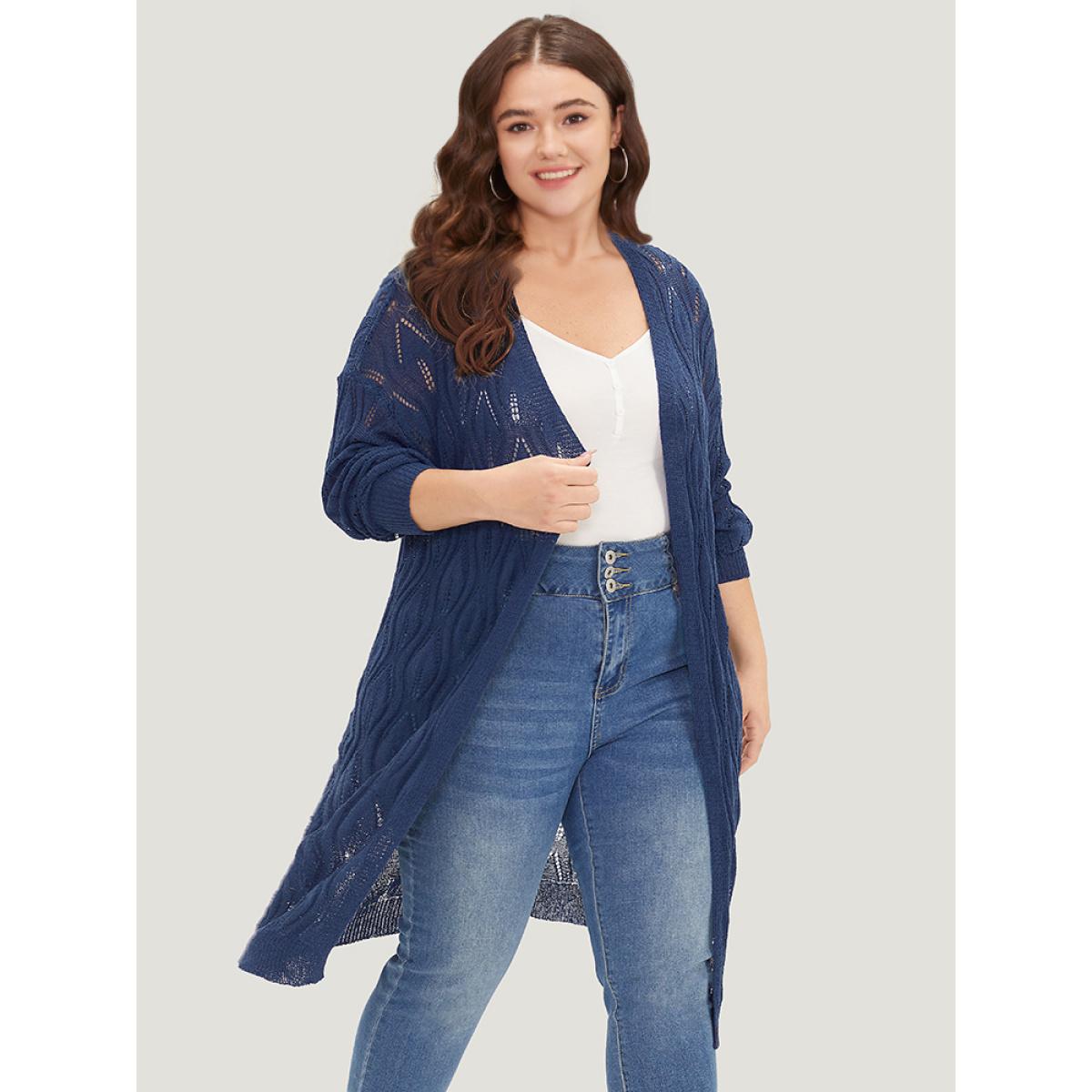 Plus Size Plain Geometric Eyelet Open Front Maxi Cardigan Indigo Women Casual Loose Long Sleeve Everyday Cardigans BloomChic 26/4X Product Image