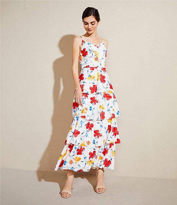 Anne Klein Satin Floral Print V-Neck Sleeveless Tiered A-Line Maxi Dress Product Image