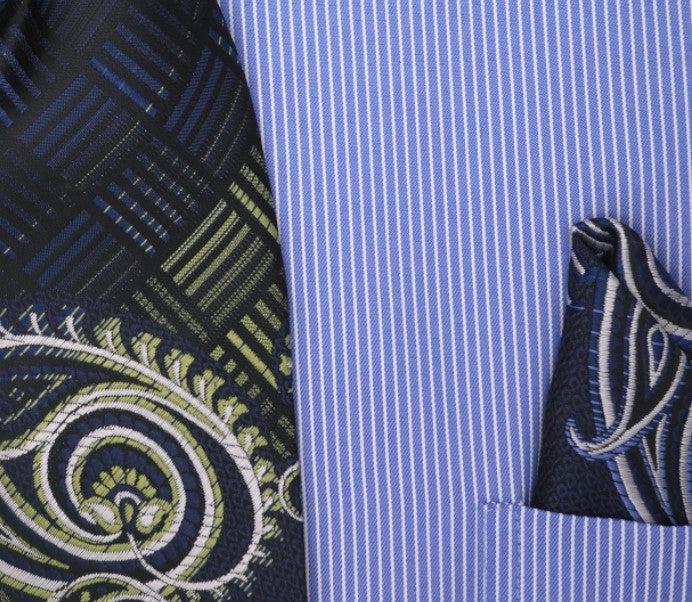 Blue Pin Striped Dress Shirt Set with Tie and Handkerchief Product Image