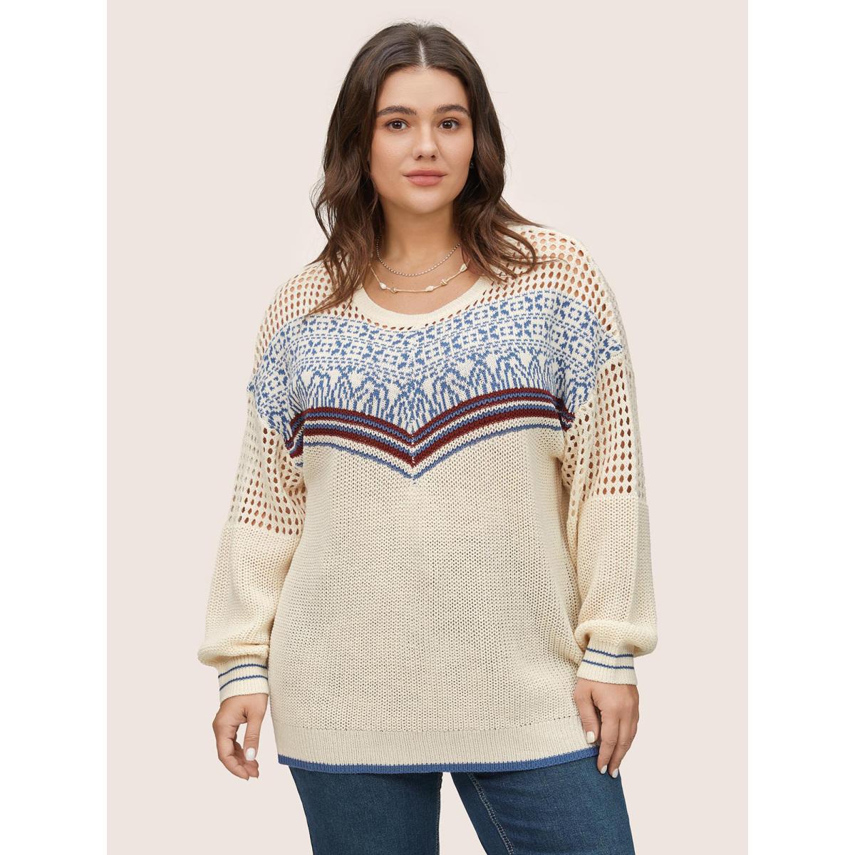 Plus Size Graphic Contrast Patchwork Hollow Out Pullover Beige Women Casual Long Sleeve Round Neck Everyday Pullovers BloomChic 12/L Product Image