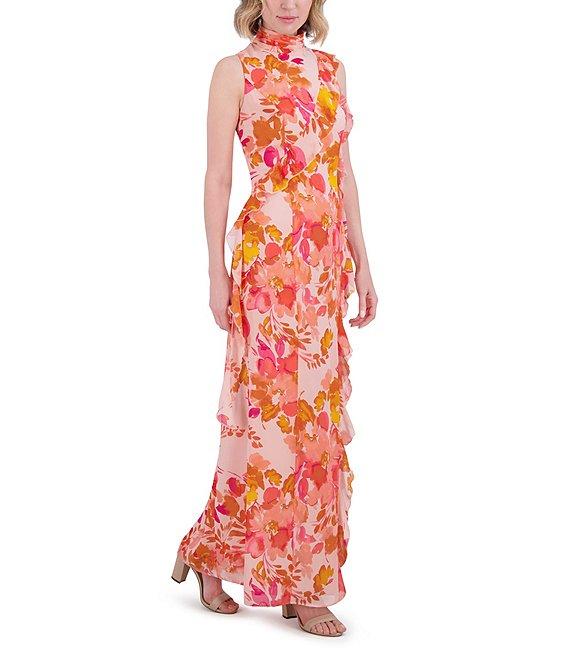 Eliza J Chiffon Floral Print Halter Neck Sleeveless Ruffle Sheath Maxi Dress Product Image