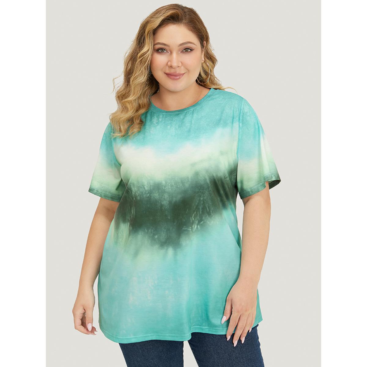 Plus Size Tie Dye Drop Shoulder Round Neck T-shirt Green Women Casual Ombre Round Neck Dailywear T-shirts BloomChic 10/M Product Image
