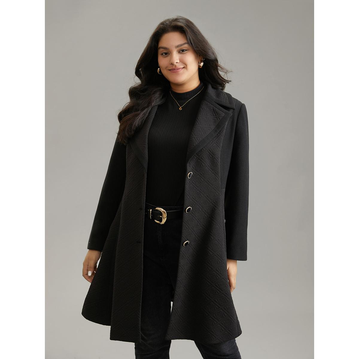 Plus Size Solid Textured Button Up Lapel Collar Woven Coat Women Black Elegant Texture Ladies Everyday Winter Coats BloomChic 10/M Product Image