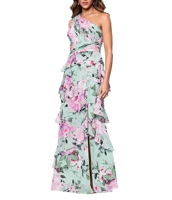 Xscape Chiffon Floral Print One Shoulder Neck Sleeveless Ruffle Gown Product Image