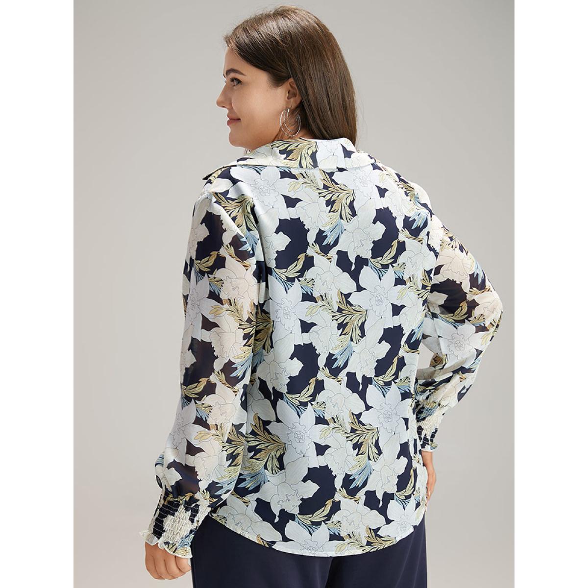 Plus Size DarkBlue Chiffon Silhouette Floral Print Shirred Frill Trim Blouse Women Elegant Long Sleeve V-neck Dailywear Blouses BloomChic 18-20/2X Product Image