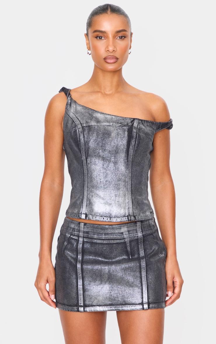 Black Silver Metallic Foil Effect Denim Mini Skirt Product Image