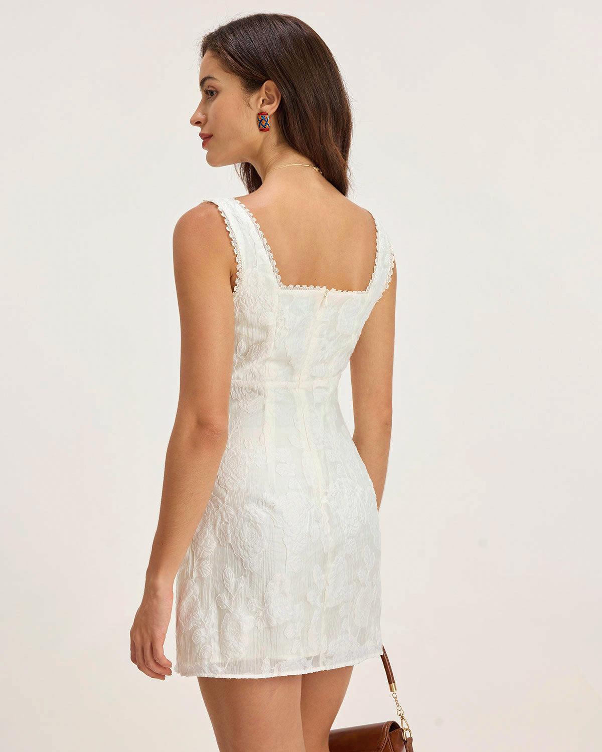 White Textured Square Neck Slip Mini Dress Product Image