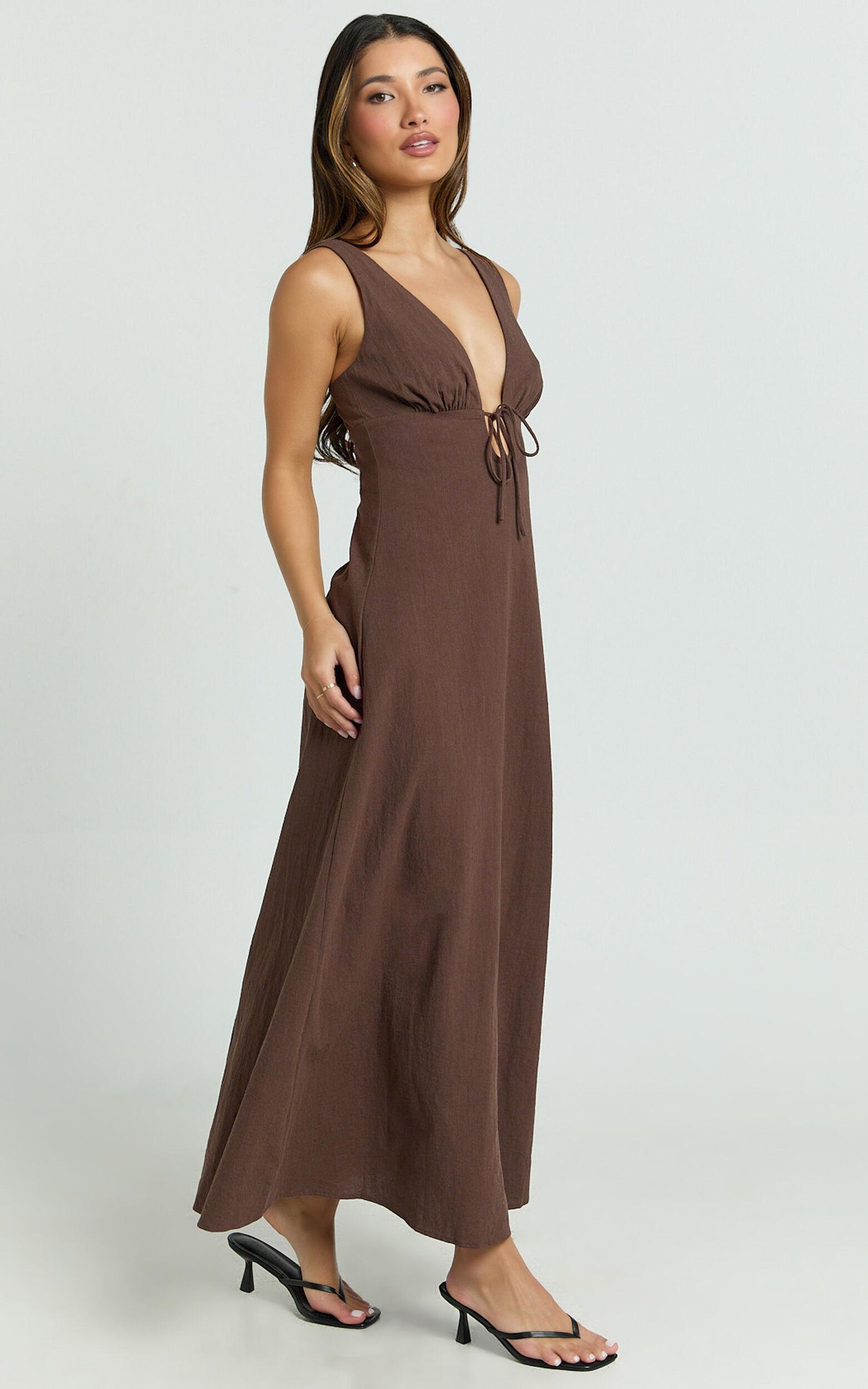 Silvena Midi Dress - Plunge Neckline Tie Front A Line Dress in Chocolate Product Image