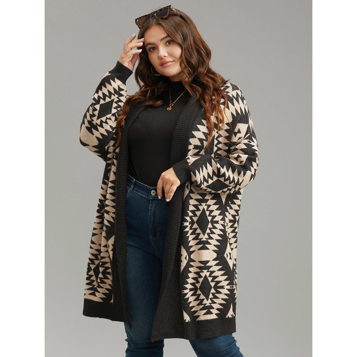 Plus Size Anti-Pilling Supersoft Essentials Geo Lapel Collar Cardigan Black Women Casual Loose Long Sleeve Everyday Cardigans BloomChic 14-16/1X Product Image