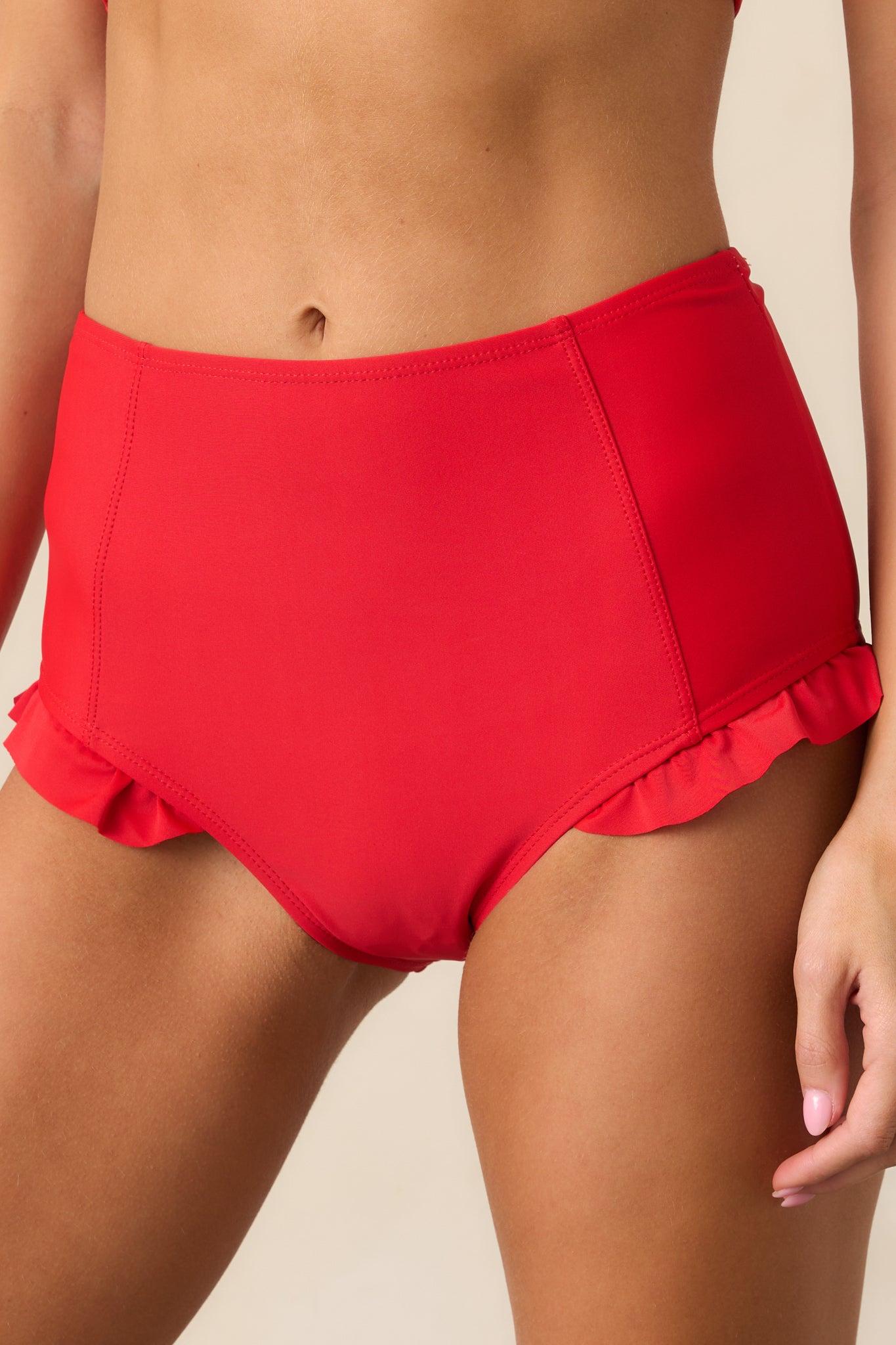 Under The Sun Red High-Waisted Ruffle Trim Bikini Bottoms Product Image