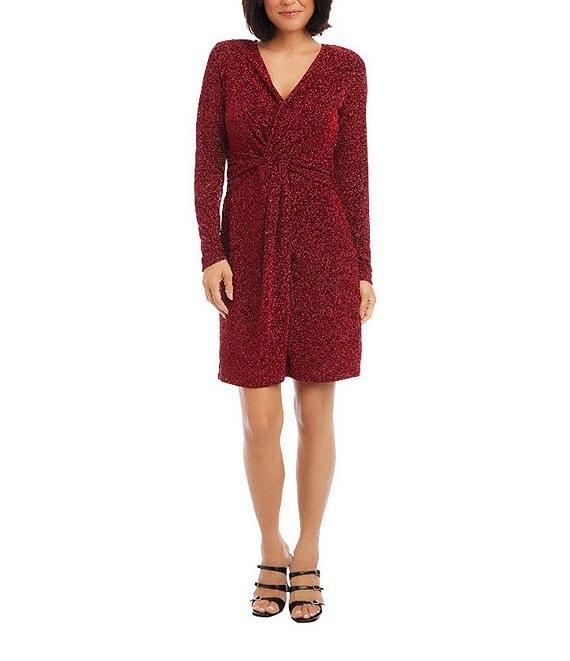 Karen Kane Soft Metallic Knit Surplice V-Neck Long Sleeve Front Twist Stretch Sheath Dress Product Image