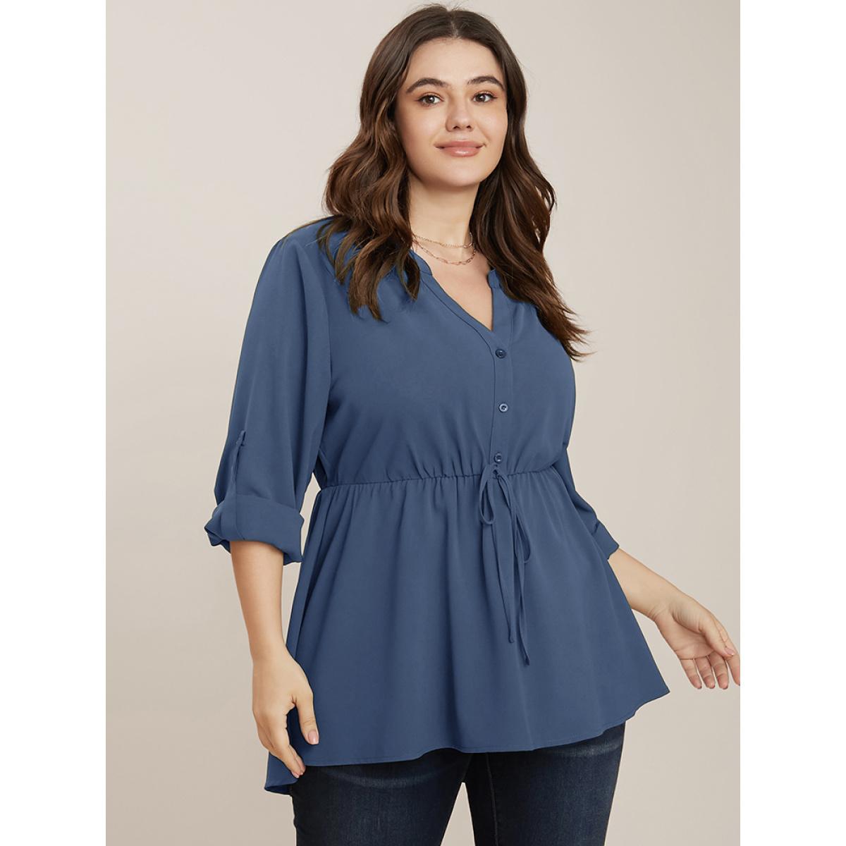 Plus Size Stone Plain Knotted Cuffed Sleeve Ruffles Asymmetrical Hem Blouse Women Office Elbow-length sleeve Shirt collar Work Blouses BloomChic 10/M Product Image