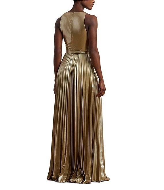 Lauren Ralph Lauren Metallic Chiffon V Neck Sleeveless Belted Pleated Fit and Flare Gown Product Image