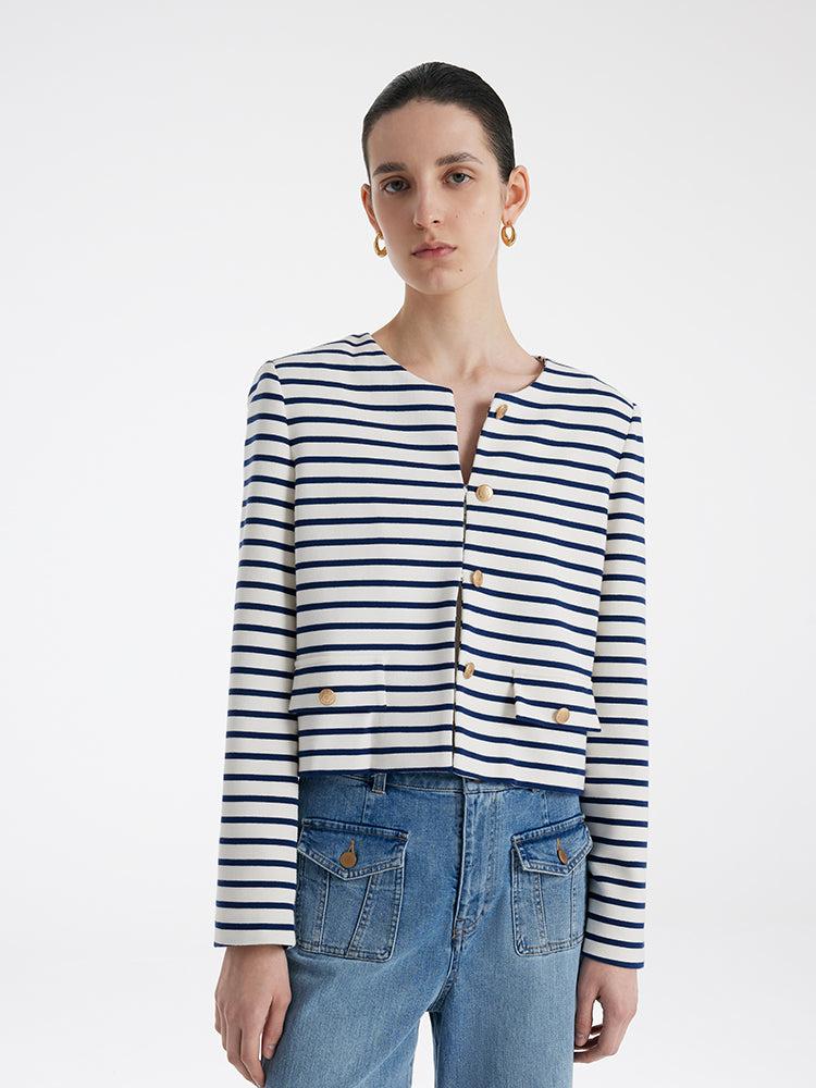 Cotton Striped Single-Breasted Women Crop Jacket Product Image