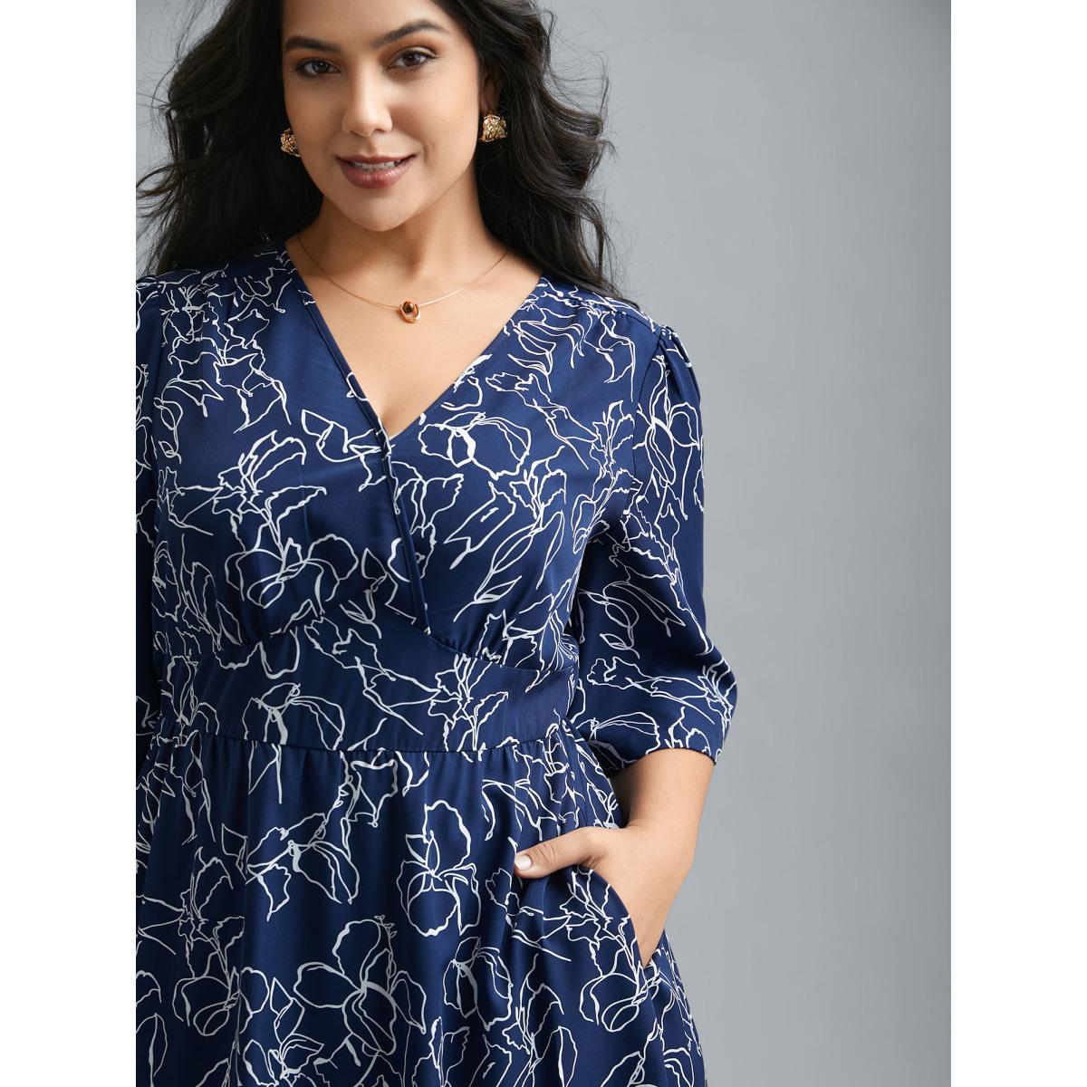 Plus Size Surplice Neck Abstract Print Fit Midi Dress Navy Women At the Office Gathered Overlap Collar Elbow-length sleeve Curvy BloomChic 18-20/2X Product Image