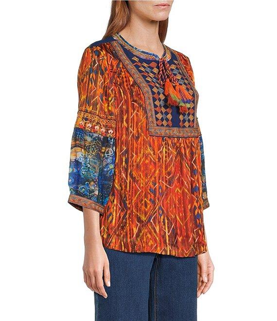 John Mark Geometric Boho Spice Marble Print Embroidered Tasseled Tie Split Neck 3/4 Sleeve Pheasant Blouse Product Image