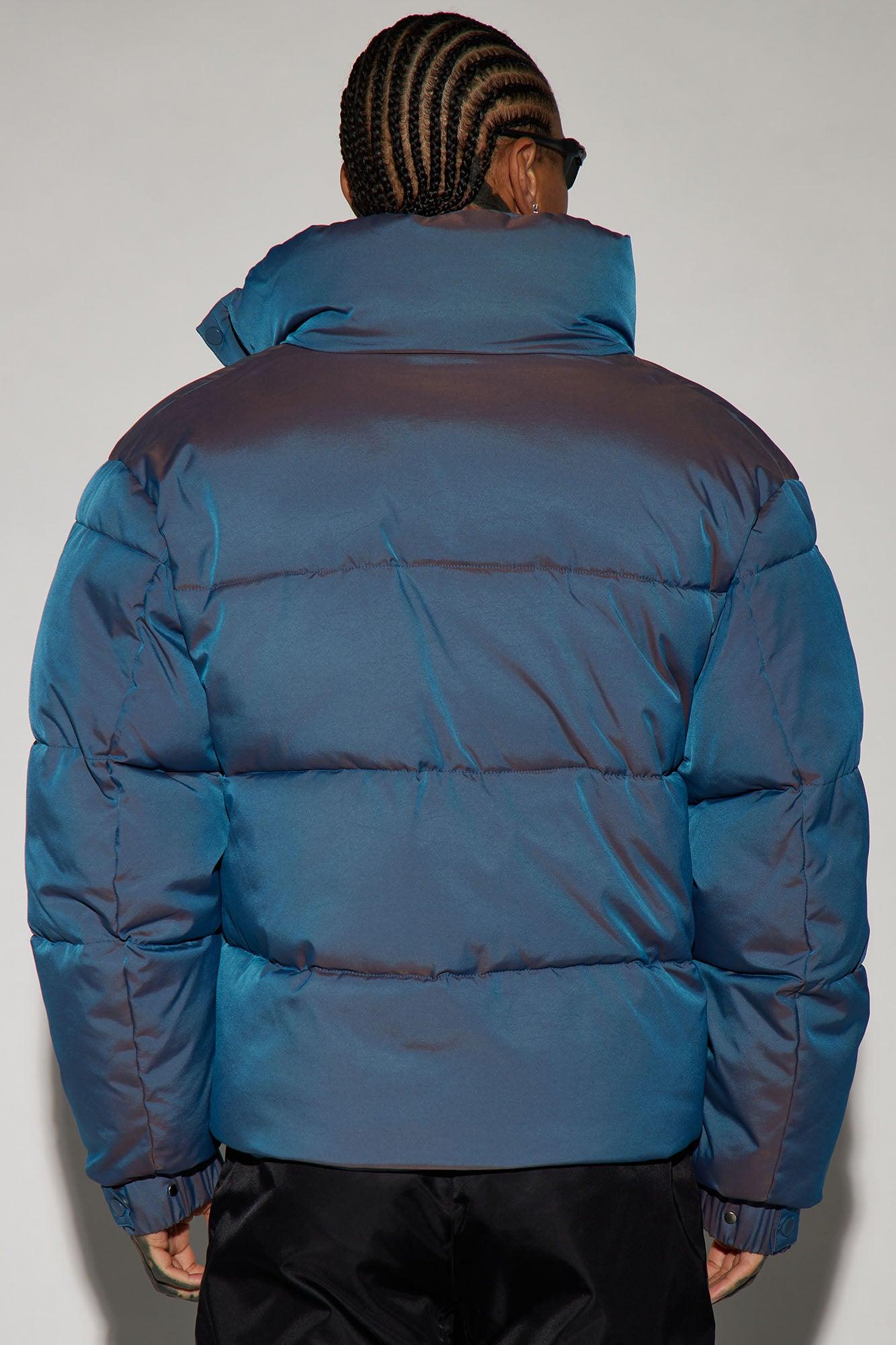 Stormy Iridescent Nylon Cropped Puffer Jacket - Blue Product Image